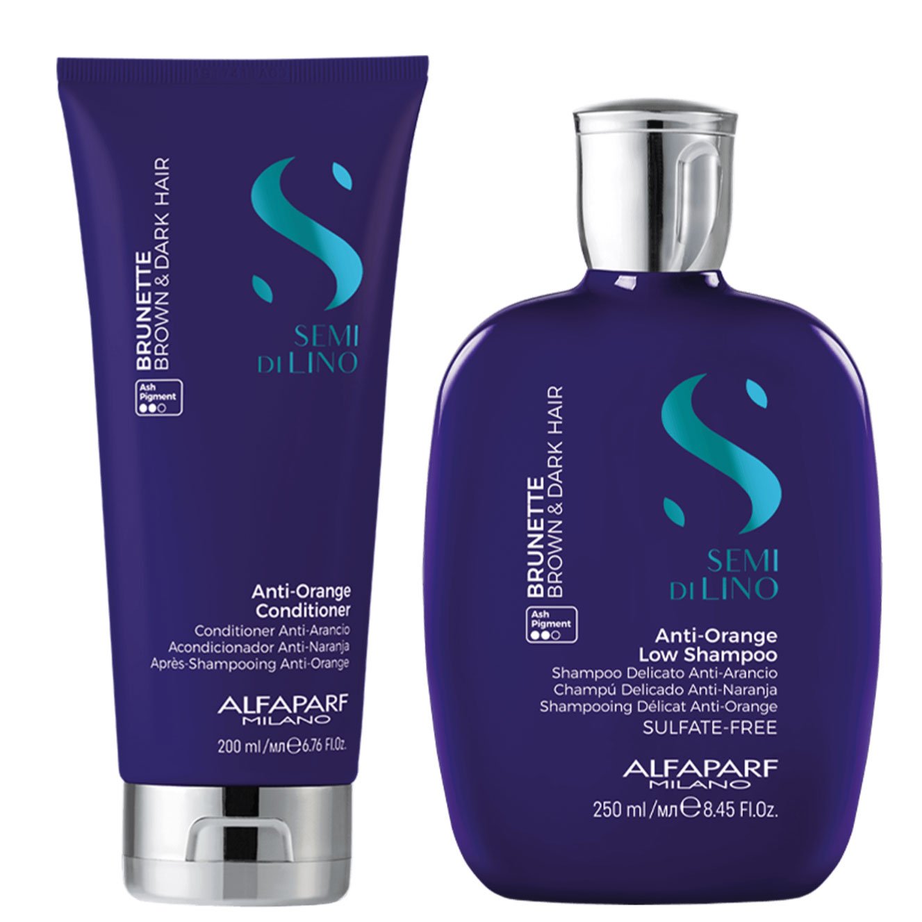 Kit Semi Di Lino Brunette Anti-Orange Shampoo + Acondicionador Cabello Castaño Alfaparf Milano