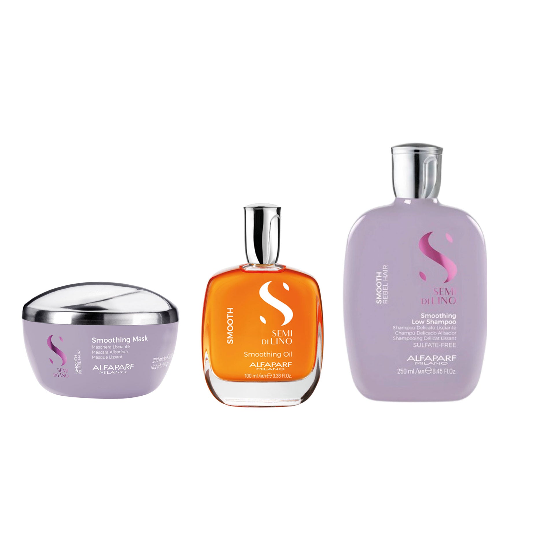 Kit Semi Di Lino Smooth Cabello Rebelde Shampoo - Mascarilla - Aceite Alfaparf Milano